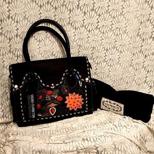 Vintage Addiction black leather handbag, unique beading approx 14 1/2x5 1/2x14